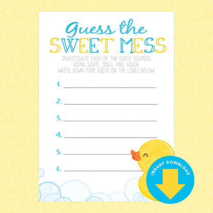 A baby shower game card titled 'Guess the SWEET MESS' on a pale yellow background. The white card has blue and yellow lettering, numbered lines for writing observations, a small yellow duck illustration, and a blue circular 'Instant Download' badge with a yellow download arrow.