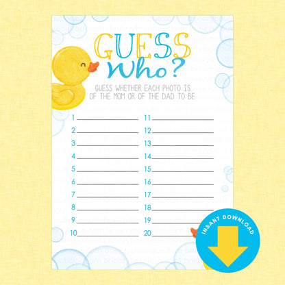 A baby shower game card titled 'GUESS Who?' with a yellow rubber duck illustration, numbered lines for 20 guesses, and a blue 'INSTANT DOWNLOAD' badge on a pale yellow background.