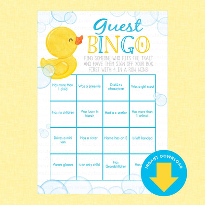 A baby shower guest bingo game card with a yellow rubber duck illustration, blue and yellow lettering, and a blue 'Instant Download' badge on a pale yellow background.