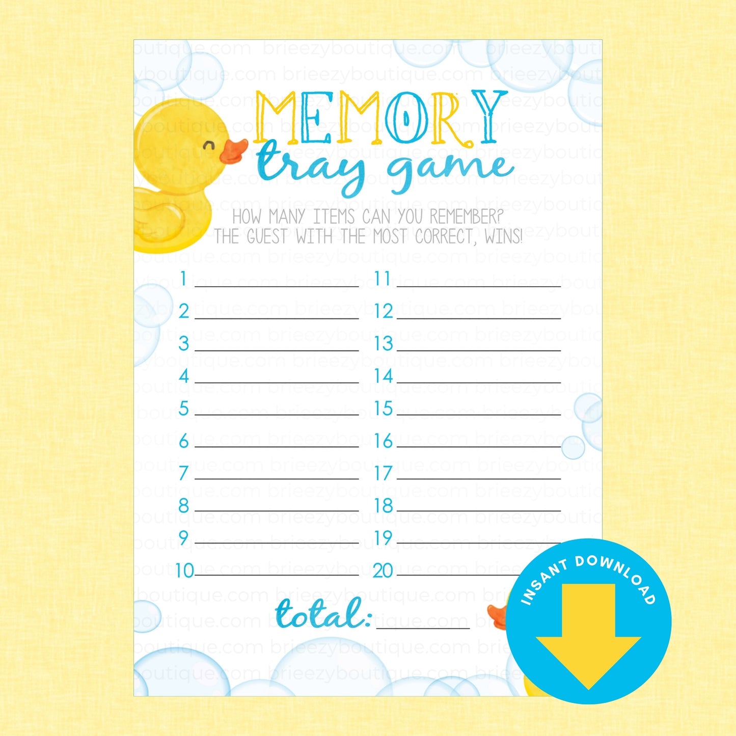 Baby shower memory tray game printable card featuring a yellow rubber duck illustration, blue bubble accents, and a blue 'Instant Download' badge on a pale yellow textured background.