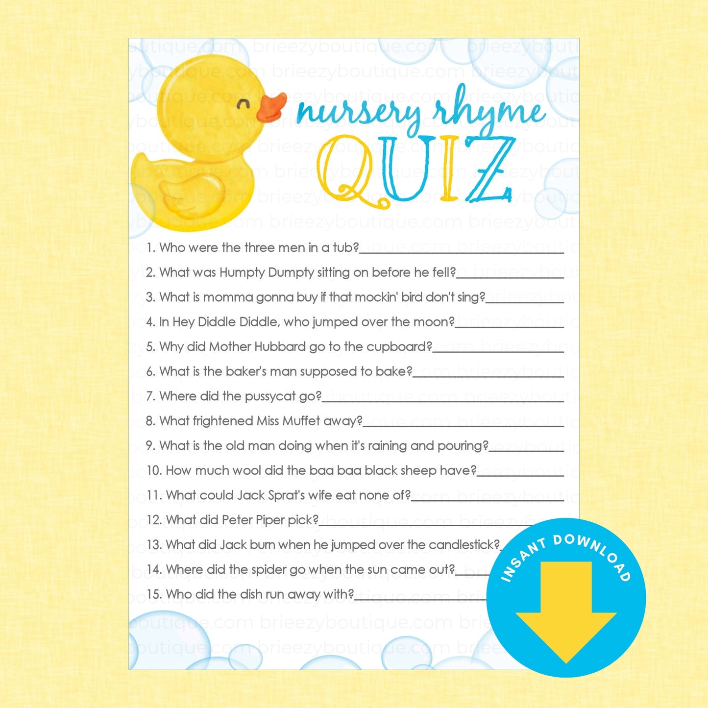 A printable 'nursery rhyme QUIZ' game card with a yellow rubber duck illustration, listed questions on a white background with blue bubble accents, and a blue 'INSTANT DOWNLOAD' download badge on a pale yellow background.
