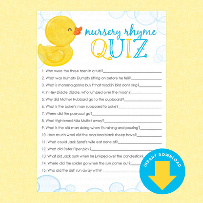 A printable 'nursery rhyme QUIZ' game card with a yellow rubber duck illustration, listed questions on a white background with blue bubble accents, and a blue 'INSTANT DOWNLOAD' download badge on a pale yellow background.