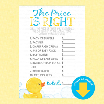 A baby shower game print titled 'The Price IS RIGHT' with a list of baby essentials and a yellow rubber duck illustration at the bottom, shown on a pale yellow background with a blue 'Instant Download' badge.