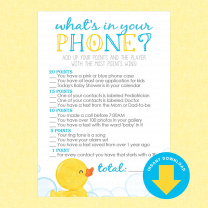 A baby shower game card titled 'what's in your PHONE?' with playful text prompts and a blue 'INSTANT DOWNLOAD' badge on a pale yellow background.