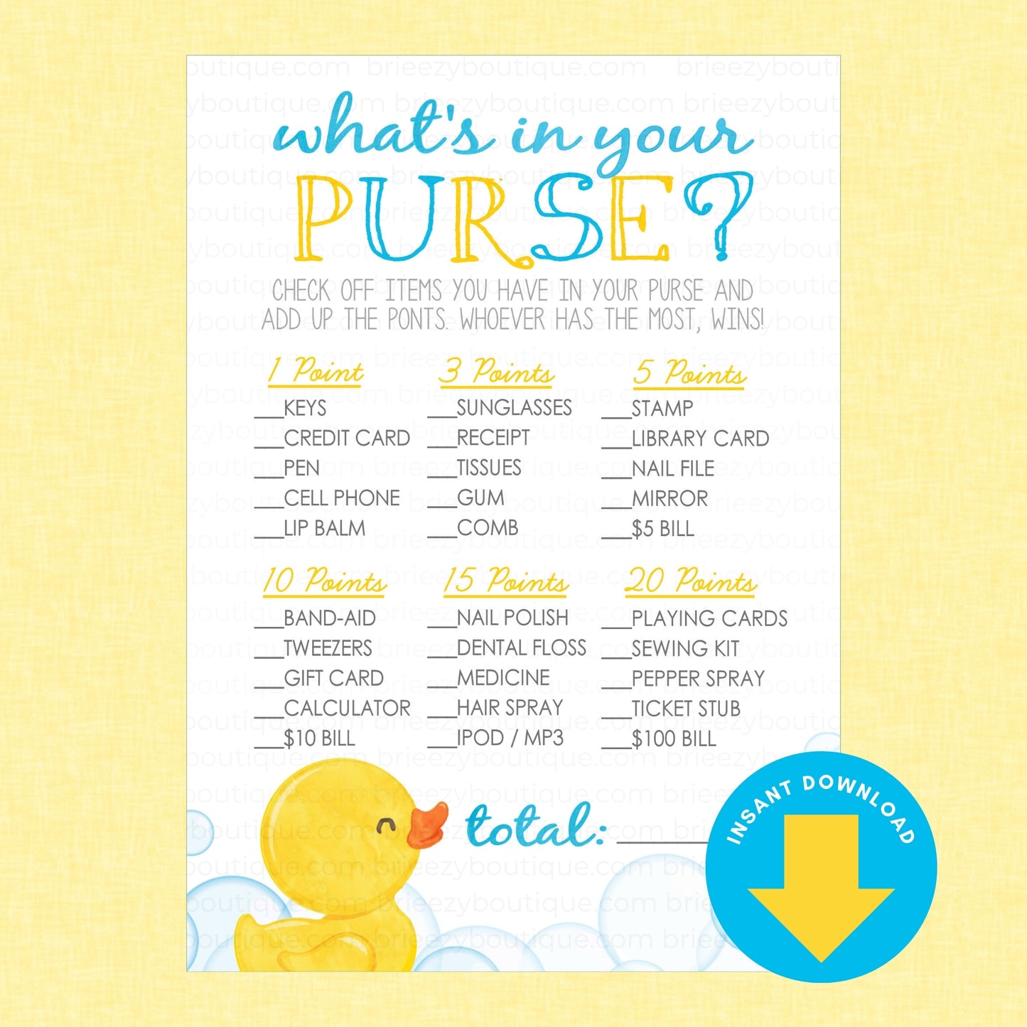 A printable party game sheet titled 'what's in your PURSE?' with listed cashless gift ideas and point values, plus a yellow rubber duck illustration and a blue 'INSTANT DOWNLOAD' badge on a pale yellow background.