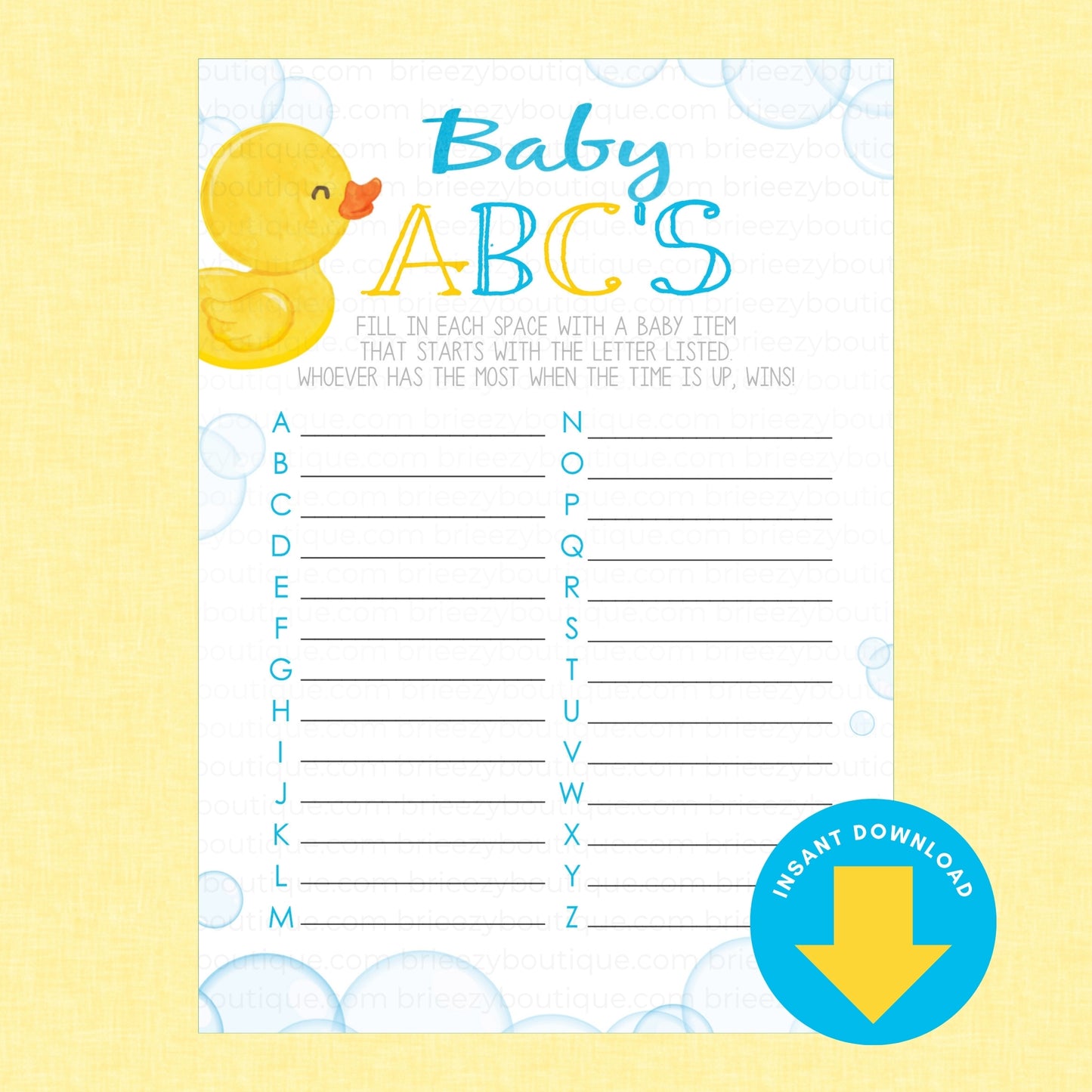 Baby ABC's shower game printable card featuring a yellow rubber duck illustration, blue and yellow lettering, and a blue 'Instant Download' badge on a pale yellow background.