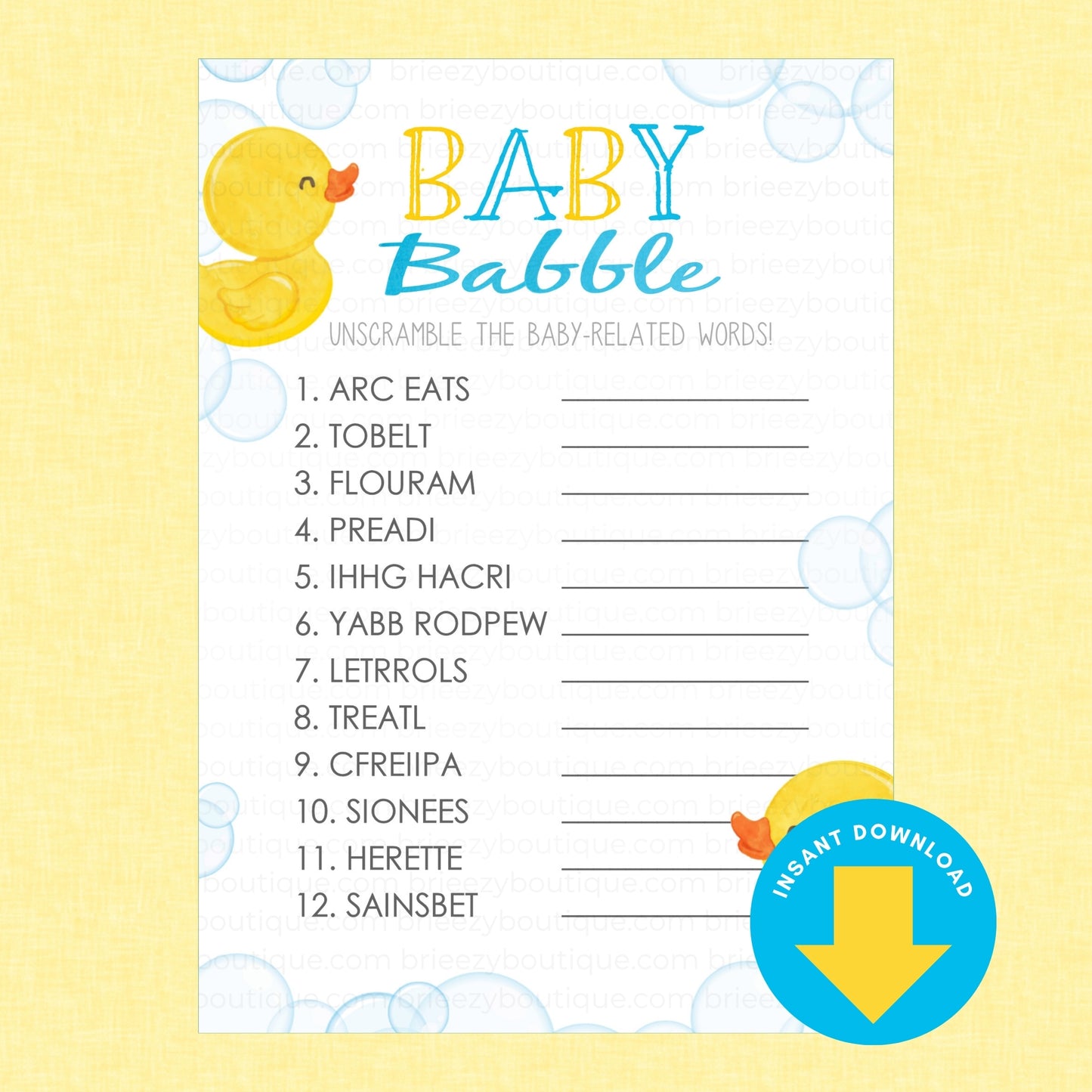 Baby Babble instant download printable game card featuring a yellow rubber duck illustration, blue and yellow title text, and a list of unscrambled baby-related words on a white card with a yellow background.