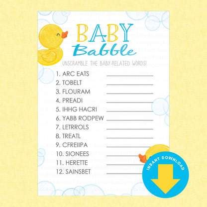 Baby Babble instant download printable game card featuring a yellow rubber duck illustration, blue and yellow title text, and a list of unscrambled baby-related words on a white card with a yellow background.