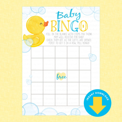 A baby shower bingo game card with a yellow rubber duck, blue and yellow text reading 'Baby BINGO,' and a grid on a white card, shown on a pale yellow background with a blue 'Instant Download' badge.