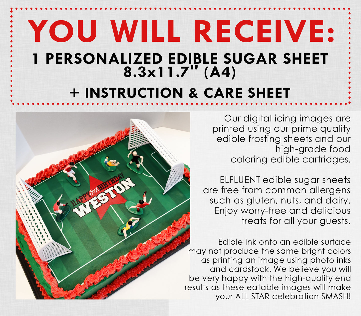 Edible Soccer Field Cake Topper Personalized Sugar Sheet | for a Soccer Birthday or Team Party