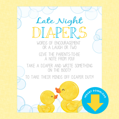 Late Night Diapers Rubber Duck Baby Shower Sign (Digital Download)