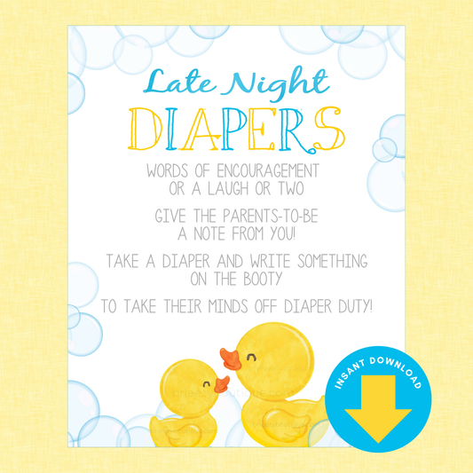 Late Night Diapers Rubber Duck Baby Shower Sign (Digital Download)