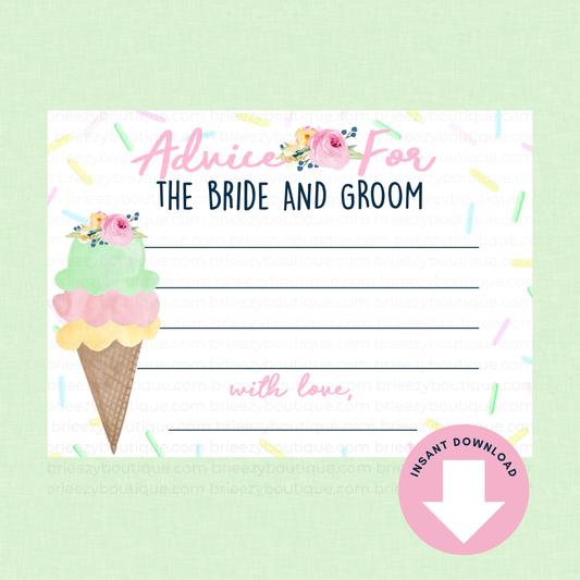 Card for 'Advice for the Bride and Groom' with ice cream cone design on a light green background