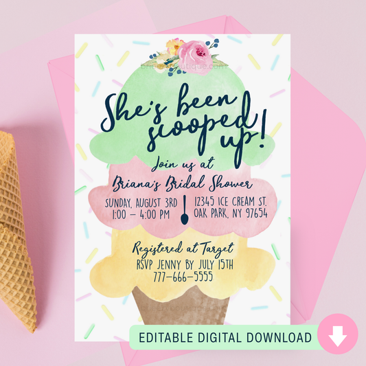 Bridal shower invitation with ice cream cone design on a pink background