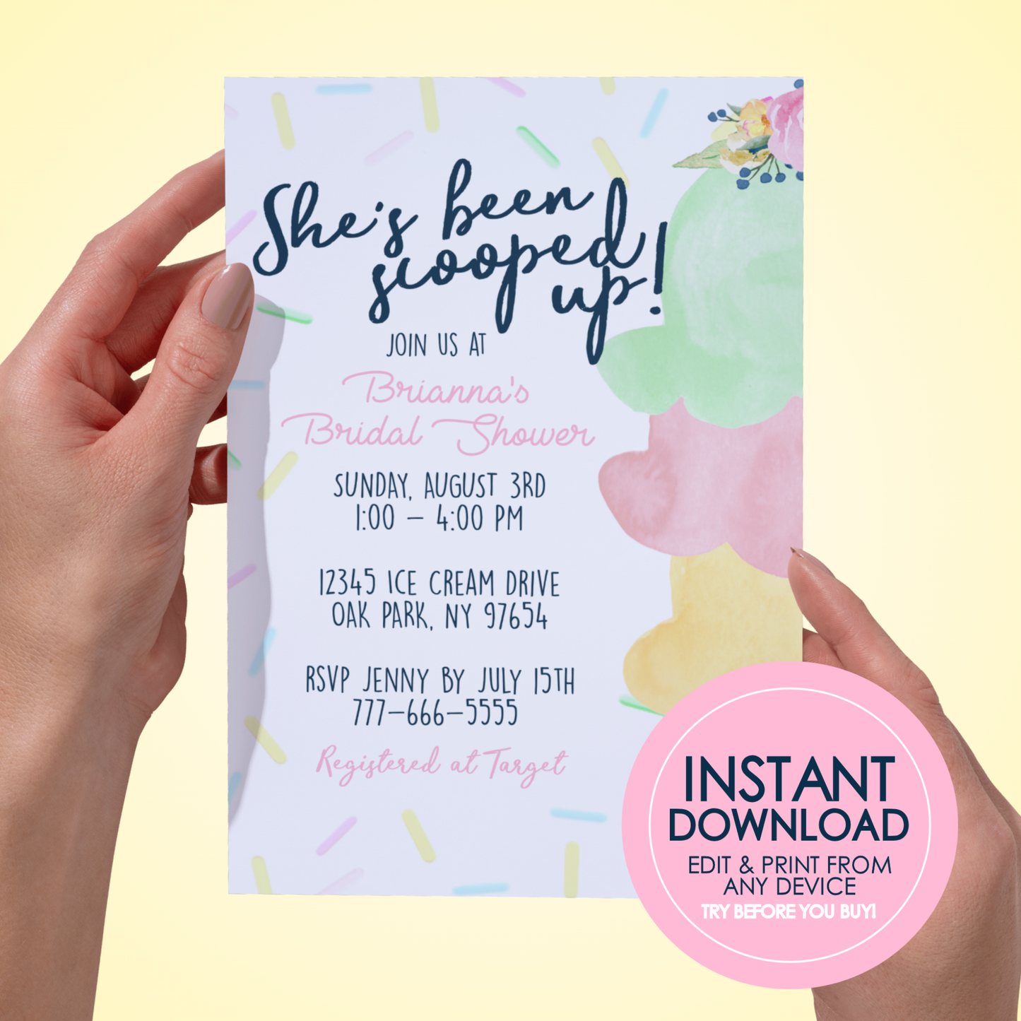 Scooped Up Ice Cream Cone Bridal Shower Invitation (Editable Digital Download)