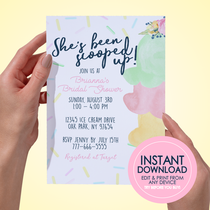 Scooped Up Ice Cream Cone Bridal Shower Invitation (Editable Digital Download)