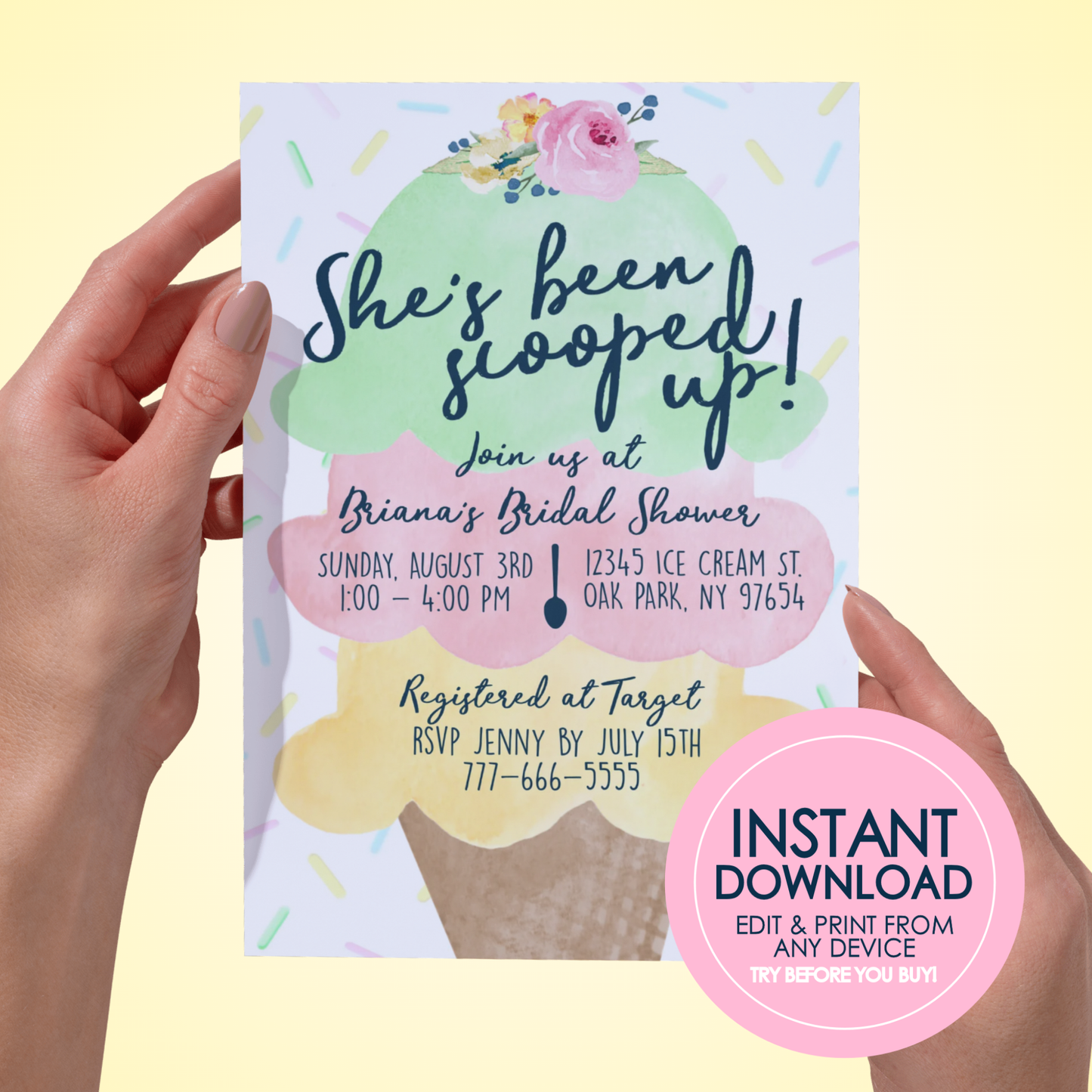 Bridal shower invitation with ice cream cone design held by hands on a light yellow background.
