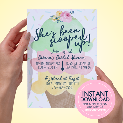 Bridal shower invitation with ice cream cone design held by hands on a light yellow background.