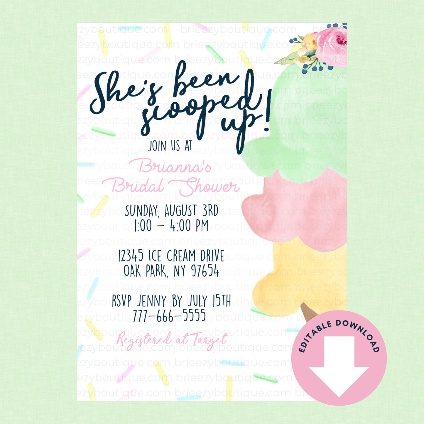 Scooped Up Ice Cream Cone Bridal Shower Invitation (Editable Digital Download)