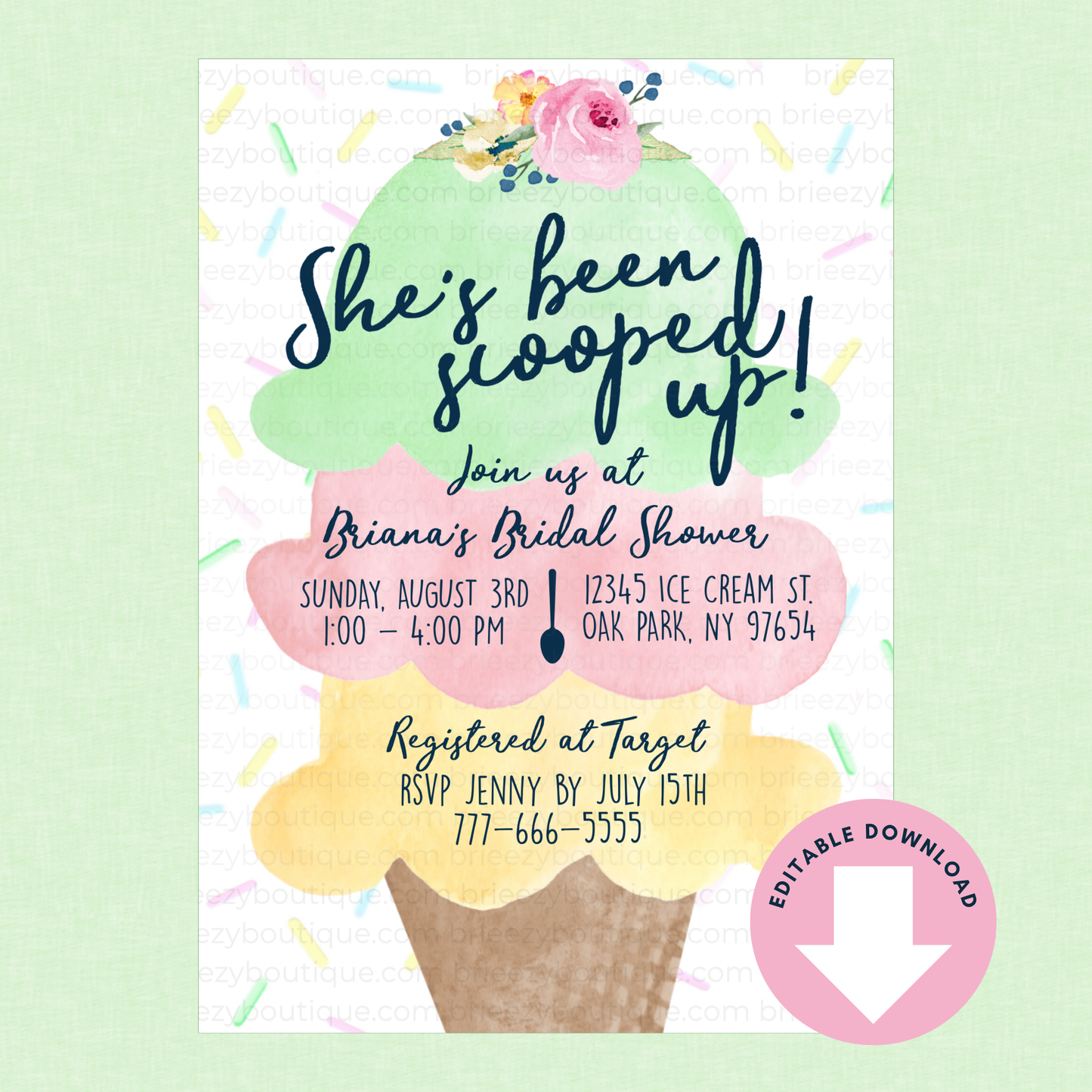 Bridal shower invitation with ice cream cone design on a light green background