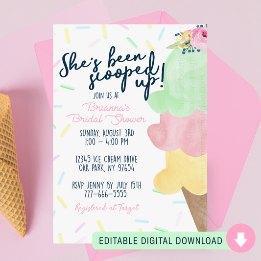 Scooped Up Ice Cream Cone Bridal Shower Invitation (Editable Digital Download)