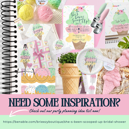 Bridal shower-themed product collection with text 'She's Been Scooped Up' on a pink background.