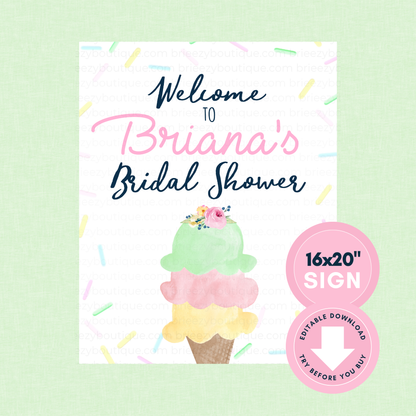 Watercolor Ice Cream Welcome Sign - 16x20'' (Editable Digital Download)