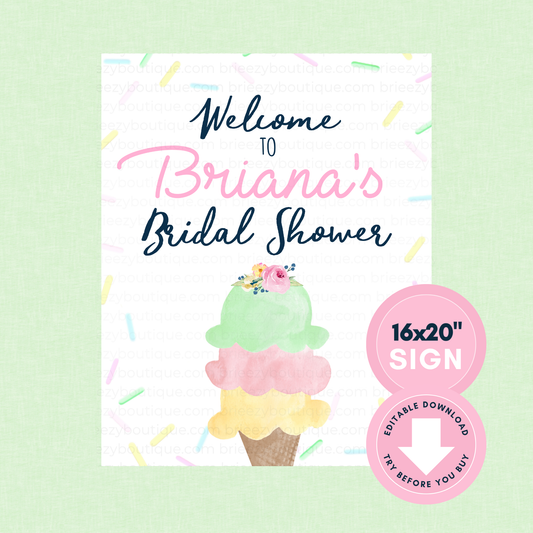 Watercolor Ice Cream Welcome Sign - 16x20'' (Editable Digital Download)