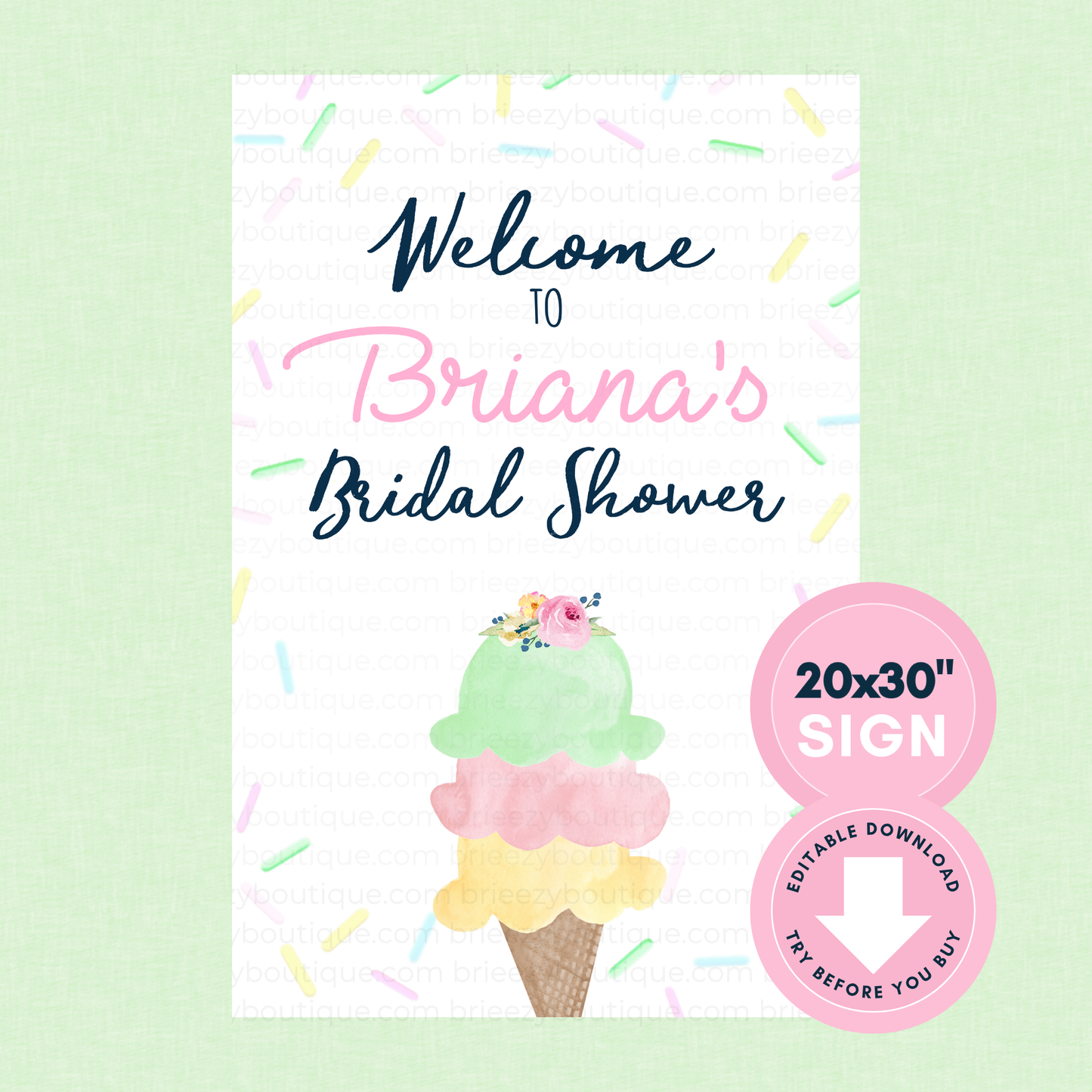 Watercolor Ice Cream Welcome Sign - 20x30'' (Editable Digital Download)