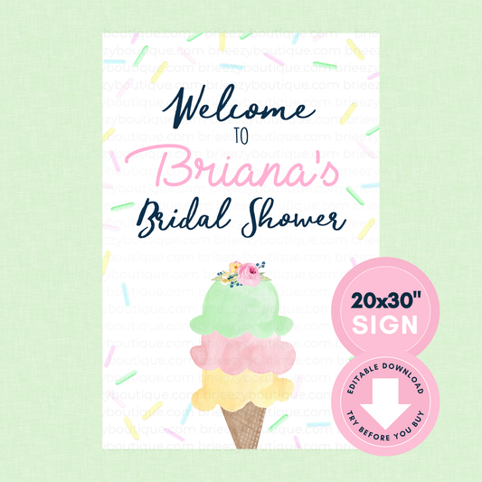 Watercolor Ice Cream Welcome Sign - 20x30'' (Editable Digital Download)