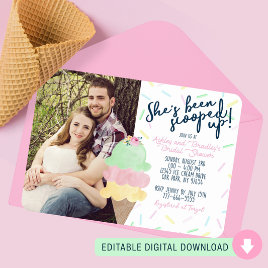 She's Been Scooped Up Ice Cream Bridal Shower Photo Invitation (Editable Digital Download)