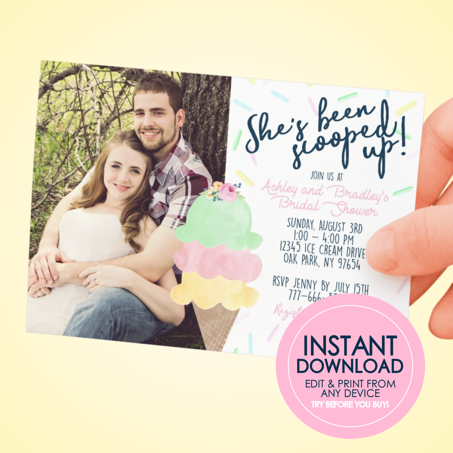 She's Been Scooped Up Ice Cream Bridal Shower Photo Invitation (Editable Digital Download)
