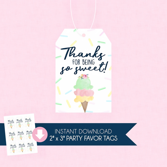 Ice Cream Thanks for Being So Sweet Favor Tags (Digital Download)
