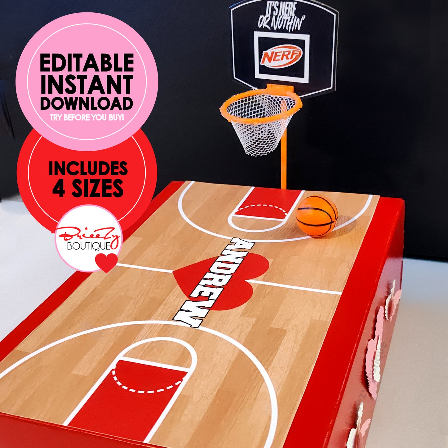 Printable Valentines Basketball Court For Box || EDITABLE DIGITAL DOWNLOAD
