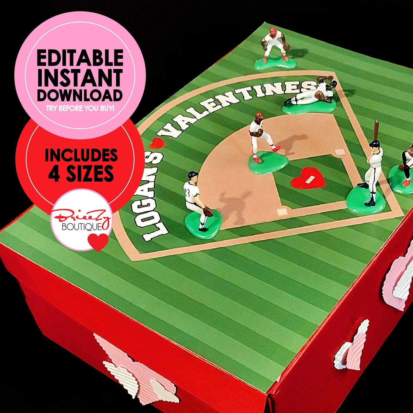 Printable Valentines Baseball Field For Box || EDITABLE DIGITAL DOWNLOAD