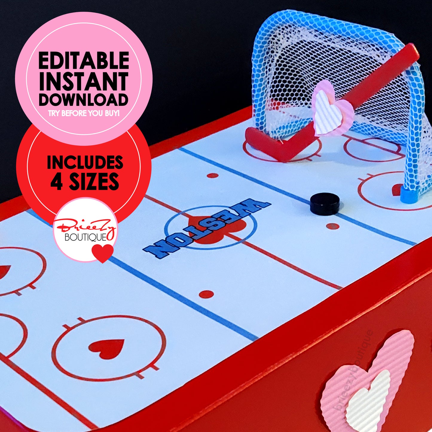 Printable Valentines Hockey Rink For Box || EDITABLE DIGITAL DOWNLOAD