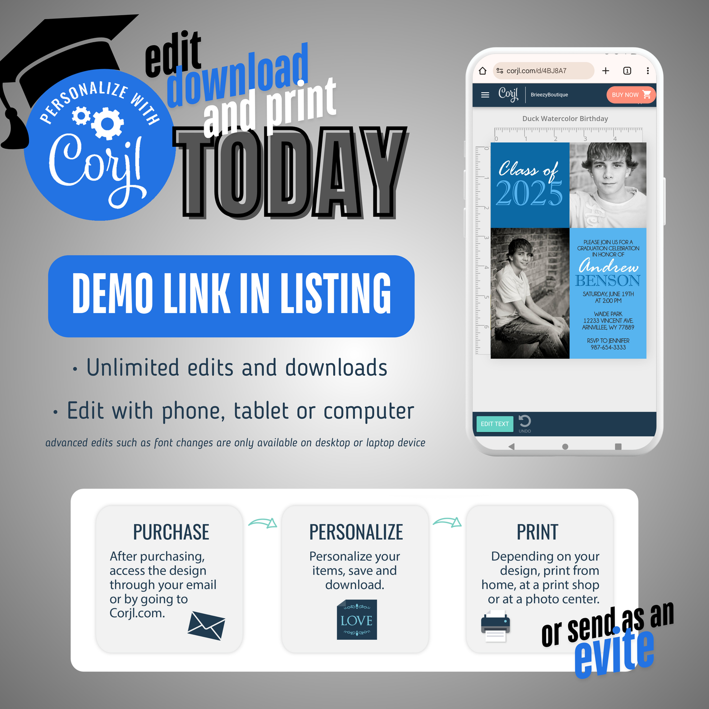 Blue Classic 2 Photo Graduation Invitation | ANY COLOR | EDITABLE DIGITAL DOWNLOAD