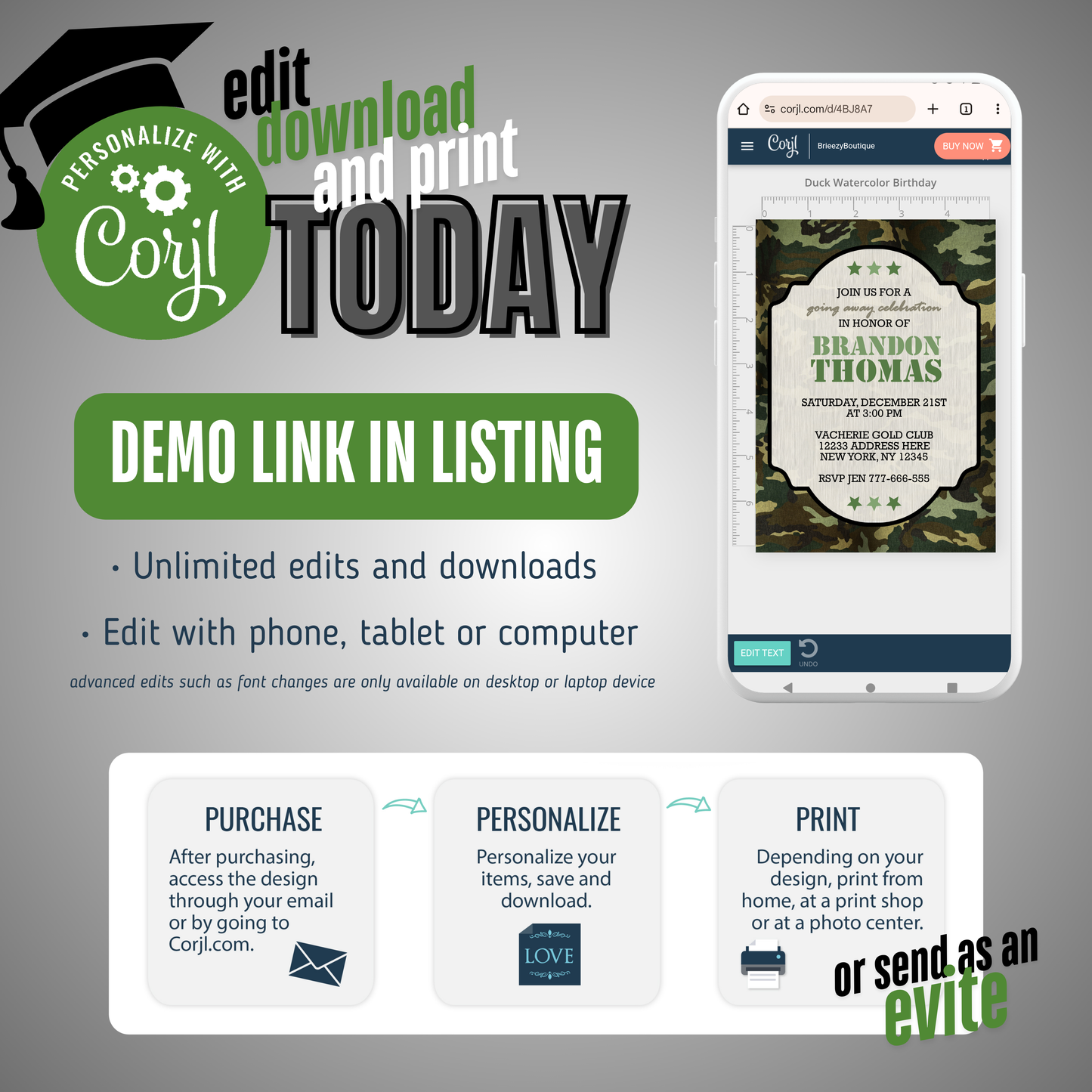 Camo Going Away or Deployment Invitation | EDITABLE DIGITAL DOWNLOAD