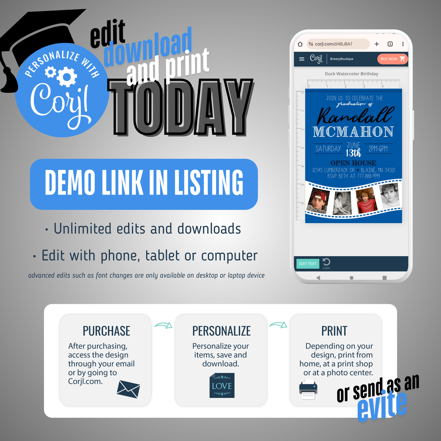 Blue Filmstrip Graduation Photo Invitation | ANY COLOR | EDITABLE DIGITAL DOWNLOAD
