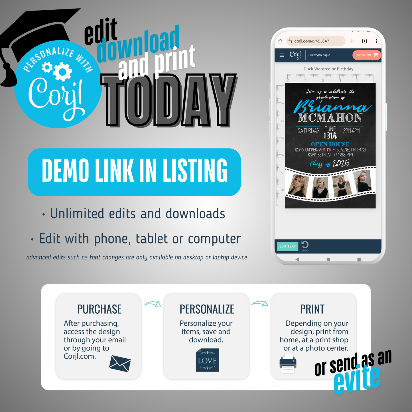 Blue Chalkboard Filmstrip Graduation Photo Invitation | ANY COLOR | EDITABLE DIGITAL DOWNLOAD