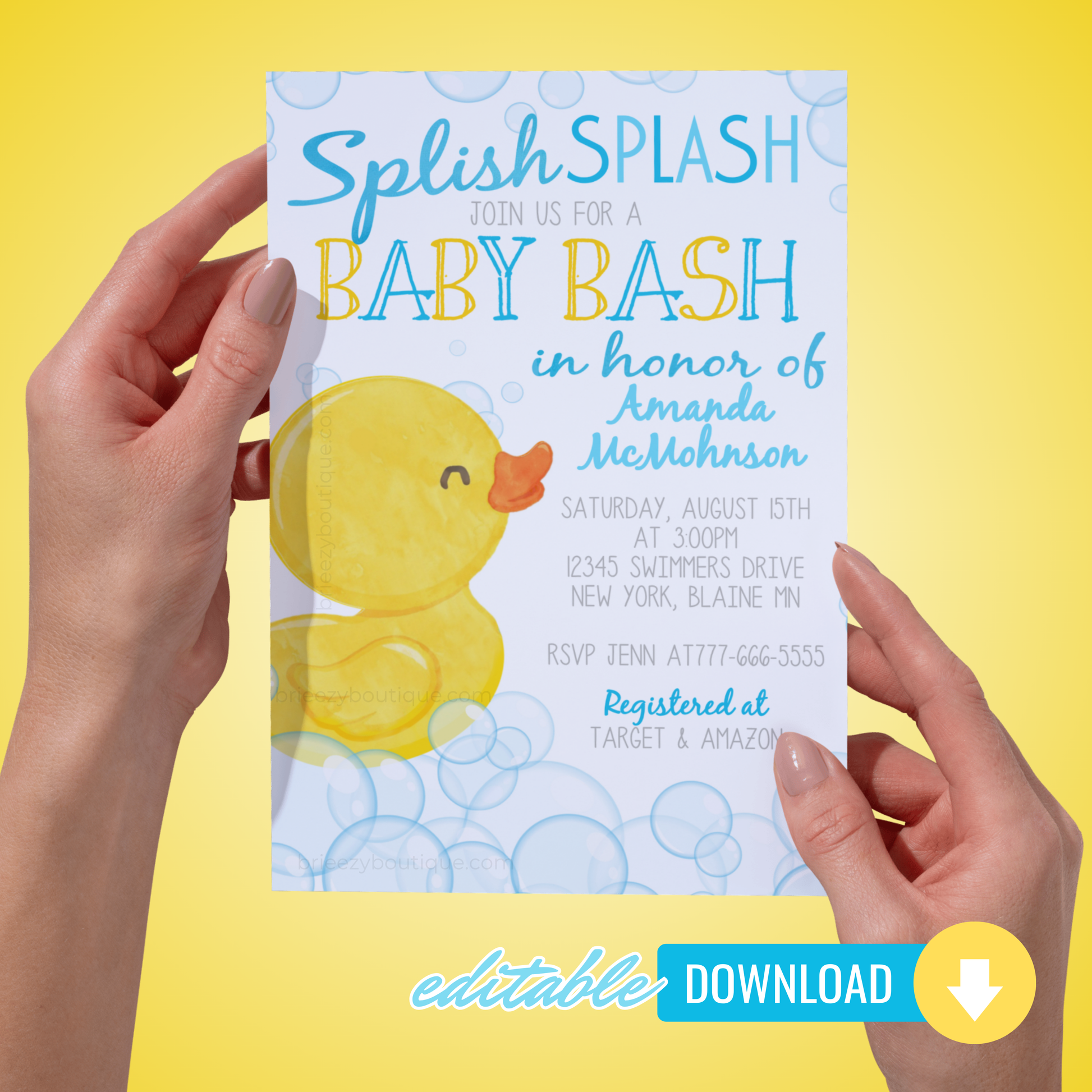 Baby shower invitation with rubber duck design held by hands against a yellow background