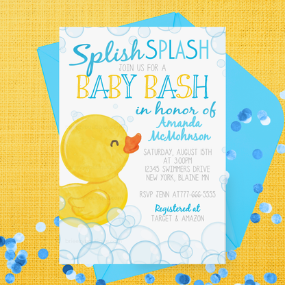 Baby shower invitation with a rubber duck on a yellow and blue background