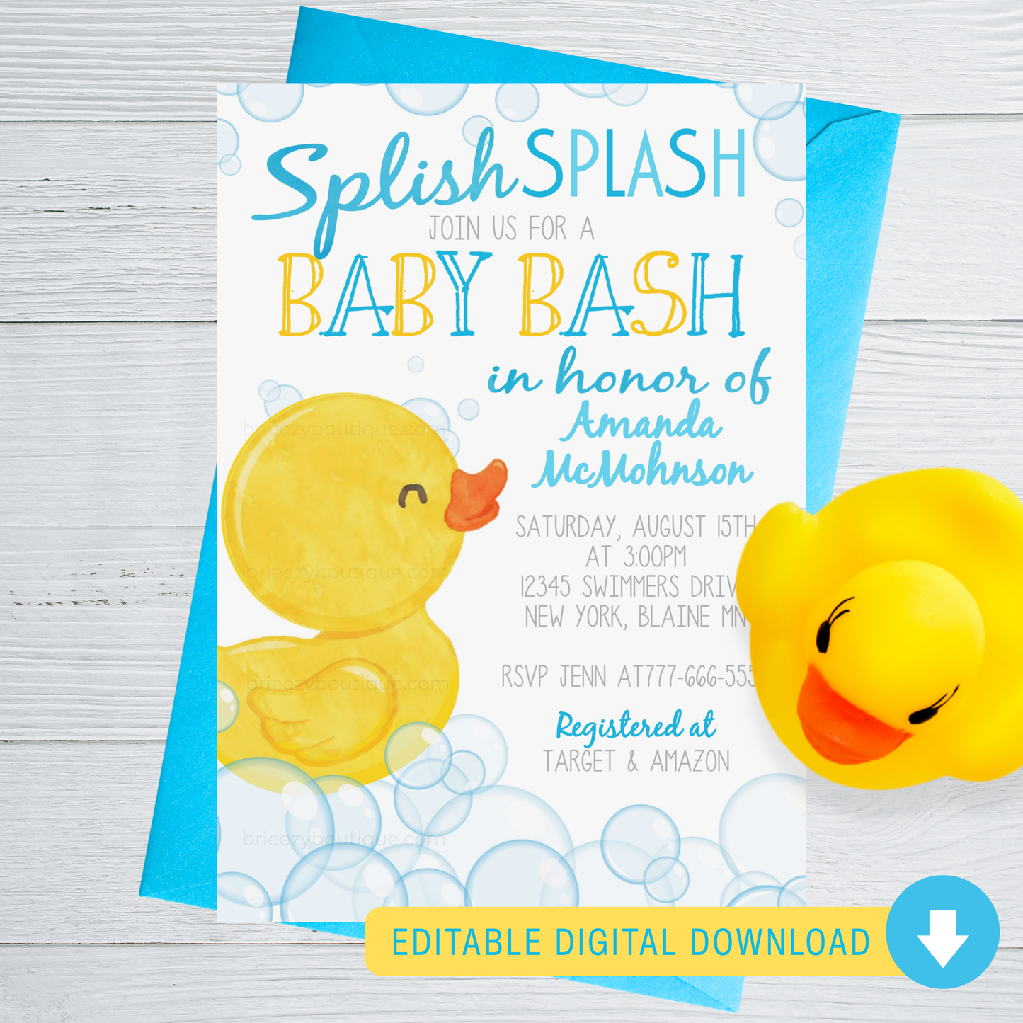 Baby shower invitation with rubber duck design on a light gray background