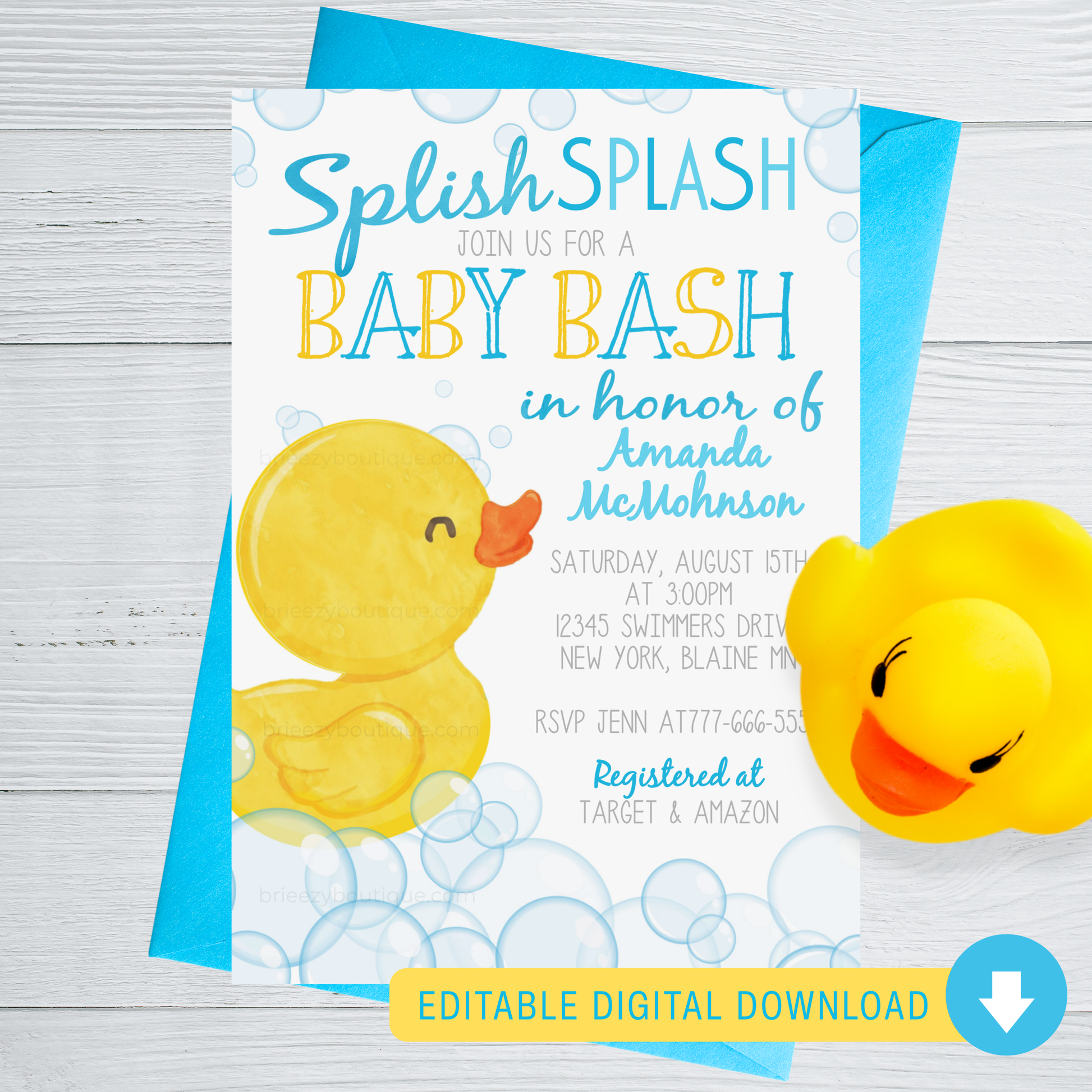 Baby shower invitation with rubber duck design on a light gray background