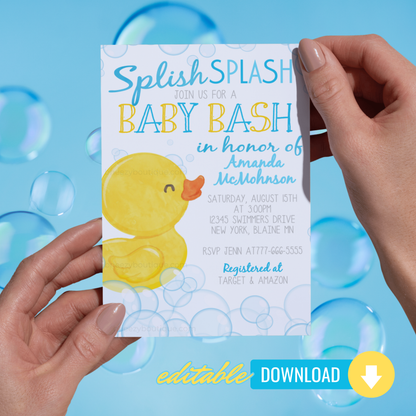 Baby shower invitation with rubber duck design held by hands against a blue bubble background