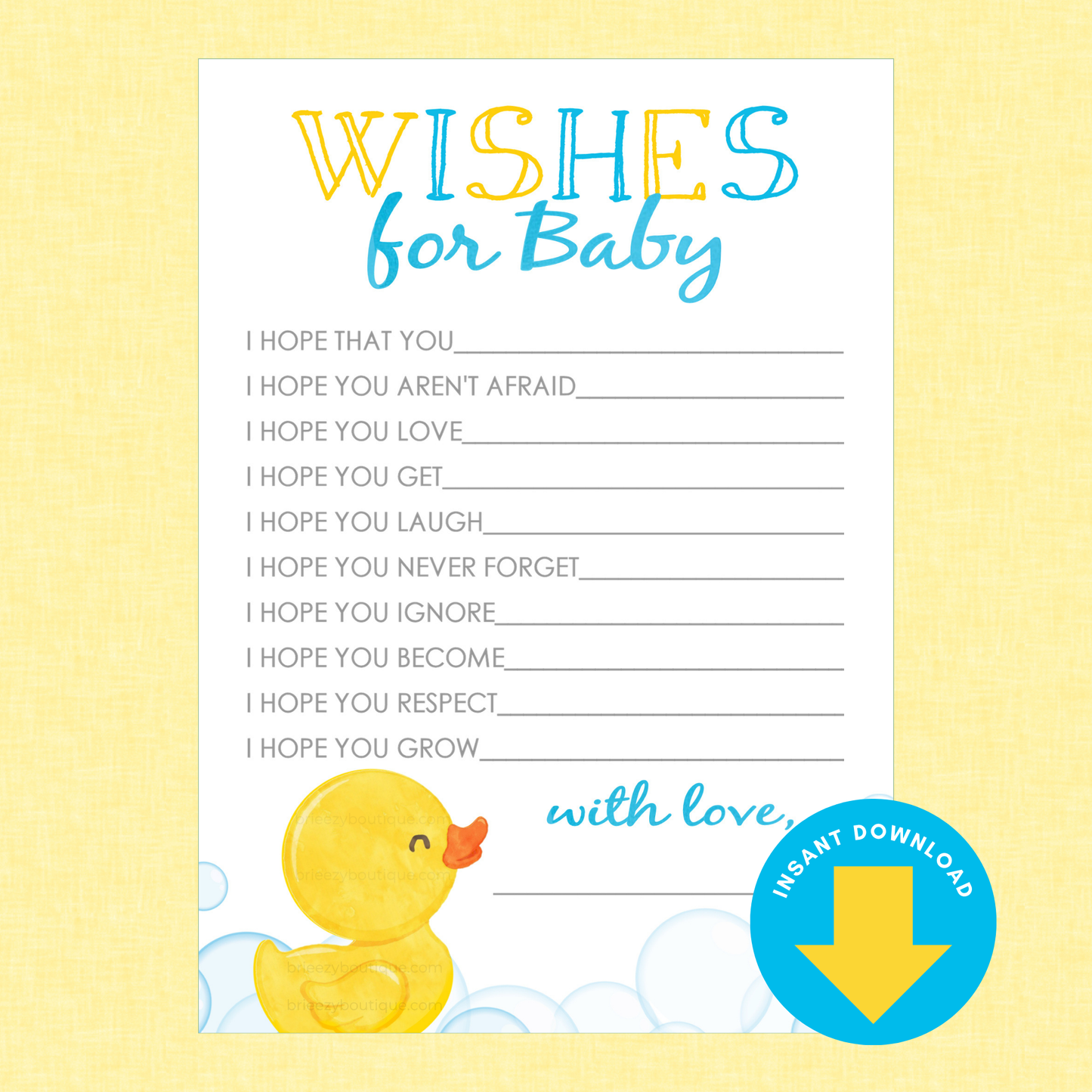 Wishes For Baby Rubber Duck Baby Shower Cards (Digital Download)