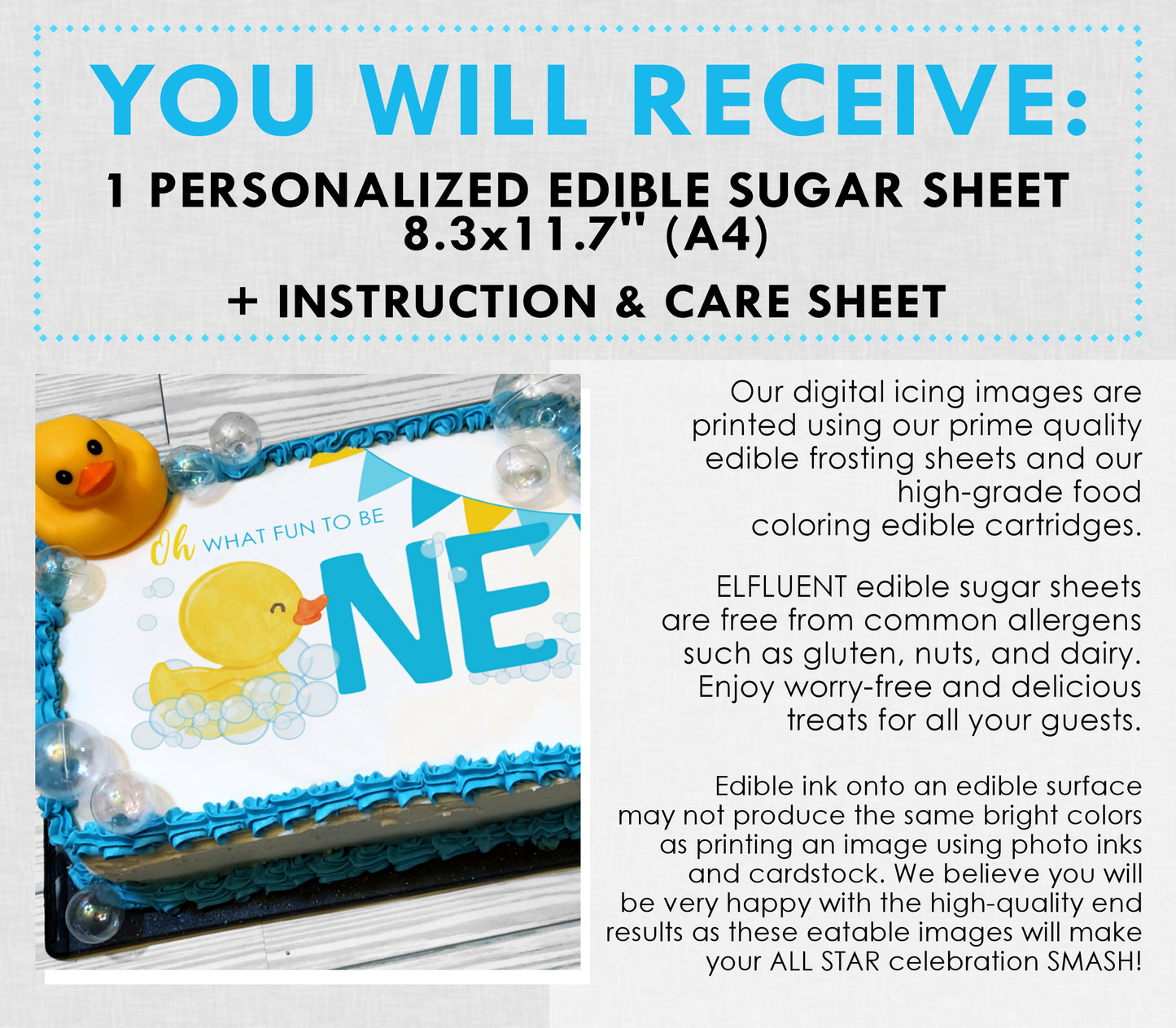 Rubber Duck First Birthday Edible Cake Topper Sugar Sheet | 4 Styles Available