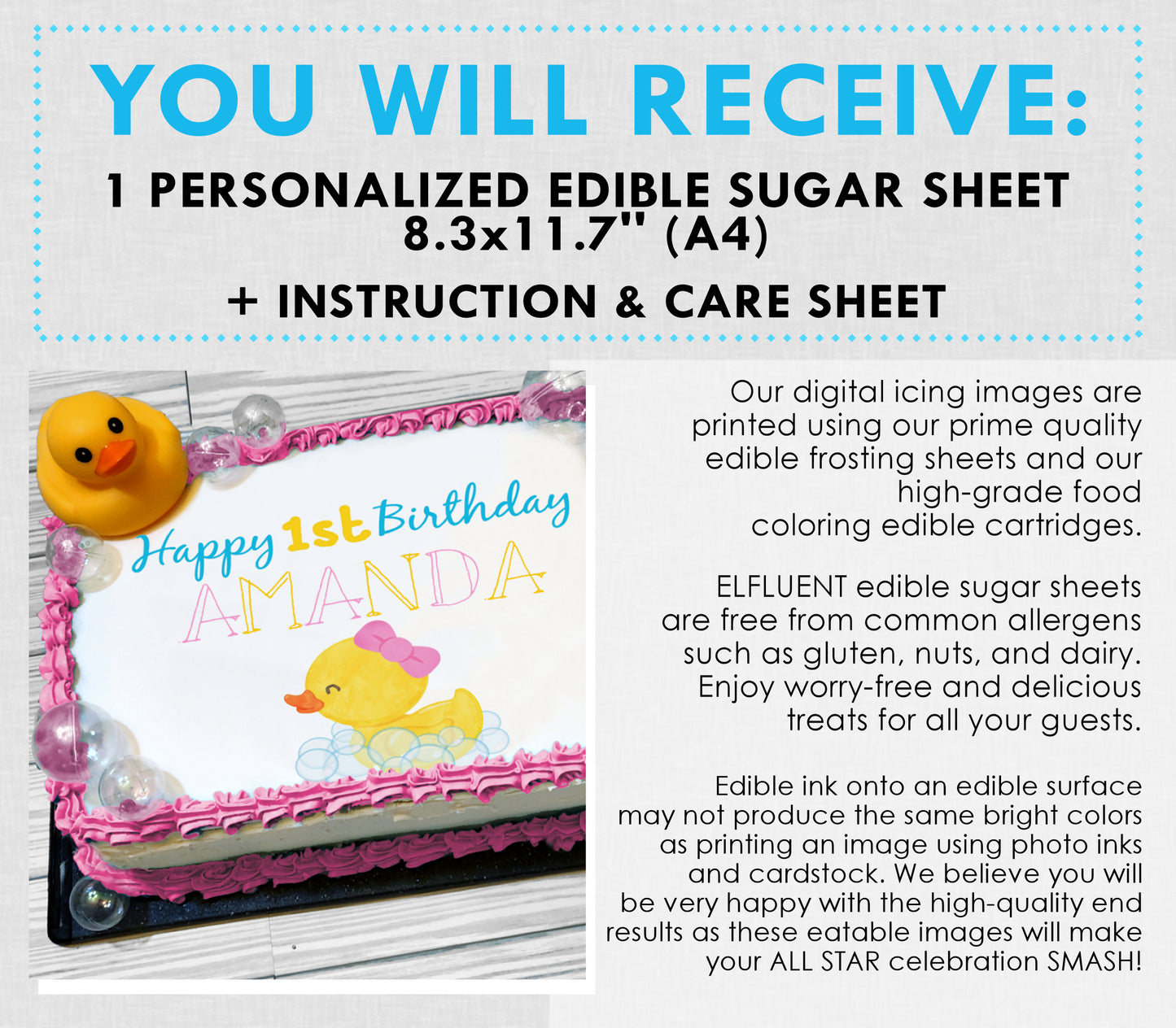 Girl Rubber Duck First Birthday Edible Cake Topper Sugar Sheet | 4 Styles Available