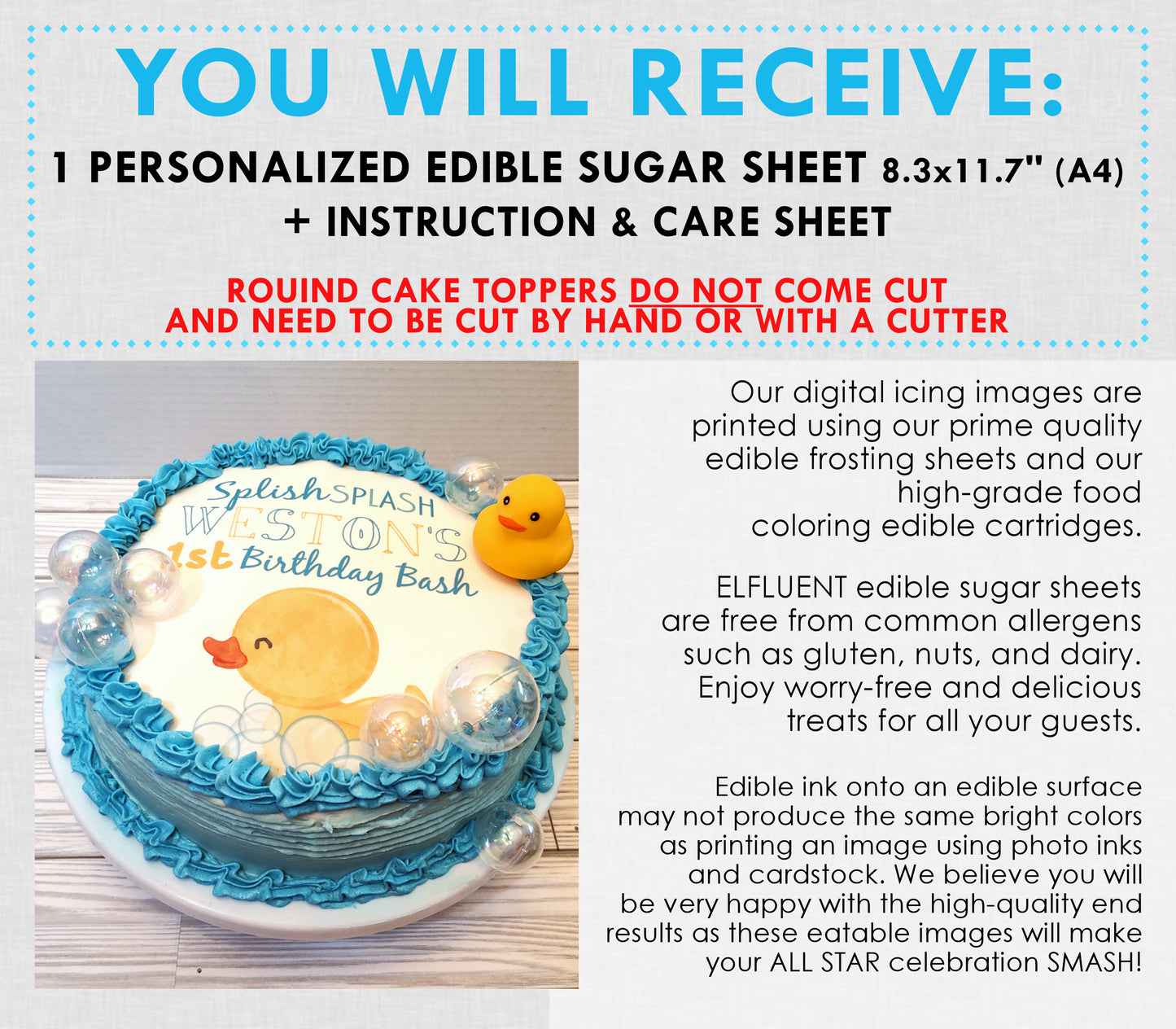 Rubber Ducky 1st Birthday Edible Cake Topper Sugar Sheet | 4 Styles Available