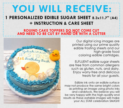 Rubber Ducky 1st Birthday Edible Cake Topper Sugar Sheet | 4 Styles Available